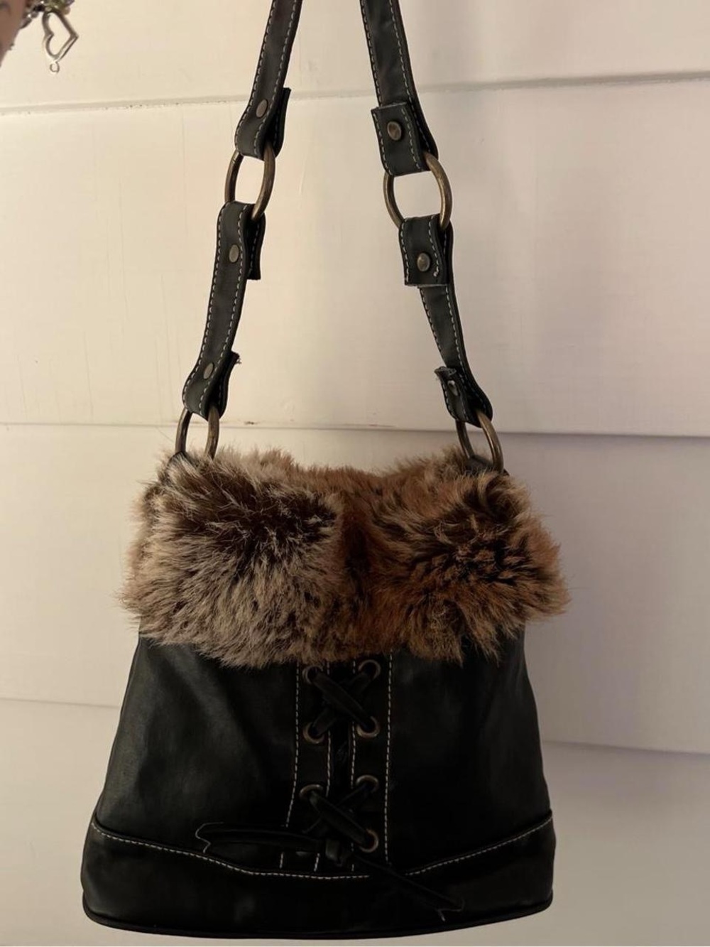 Y2K Faux Fur Trim Black Shoulder Bag